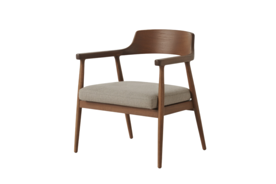 Elegant dark wood armchair featuring a curved backrest and light beige upholstered seat, ideal for contemporary interiors. background removed - Powered by Adobe