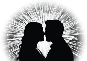 Silhouette of a couple in love kissing in front of fireworks, celebrating a special occasion with a romantic gesture