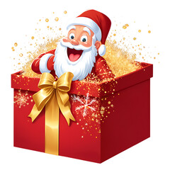 Happy santa claus popping out of a red gift box with gold ribbon and sparkles isolated on white background isolated on transparent background