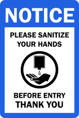 Notice Please Sanitize Your Hands Before Entry Sign - Blue & White