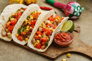 Three traditional mexican tacos with chicken, tomatoes and corn served on wooden board with lime and salsa dip on beige concrete background. Close up view