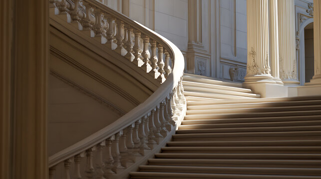 Elegant staircase detail featuring soft natural light, classical balusters, and architectural column design.  Interior craftsmanship showcases refined construction.