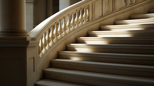 Elegant curved stairway bathed in soft sunlight, featuring detailed balusters and a grand column. Architectural design meets natural light, creating a tranquil scene.