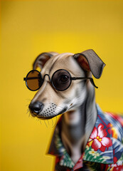 Cute Dog Wearing Round Glasses and Hawaiian Shirt Posed Against Bright Yellow Background