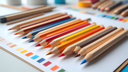 Obraz premium Colorful pencils arranged on a white sheet with color swatches for artistic inspiration and design work