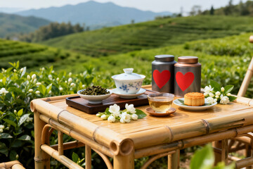 A small tea ceremony setup with teaware, tea leaves, and a mooncake sits on a bamboo table amidst a bright green terraced tea garden, featuring decorative heart cans.