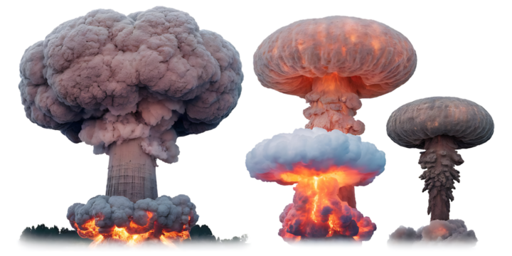 Three distinct mushroom clouds, with fiery bases and smoke plumes, cutout, PNG isolated on white or transparent background