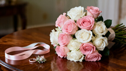 A beautiful bouquet of pink and white roses lies beside a unique diamond wedding ring set and a pink ribbon on a polished mahogany table, representing marriage and love.