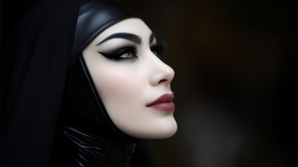 Naklejka premium portrait of a woman in a black latex nun costume