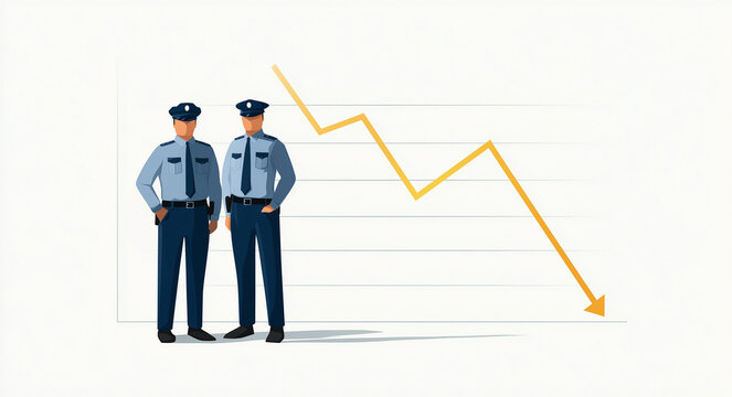 Police officers standing next to a graph showing a decline in crime rates over time in a city setting Generative AI
