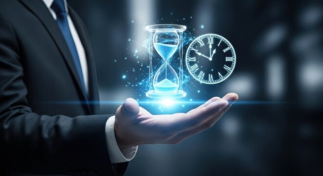A businessman holding an hourglass and clock hologram, representing time management