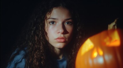 Carved sinister expression young woman curly dark hair gazing camera with glowing jack-o-lantern pumpkin Halloween portrait dramatic moody lighting atmosphere