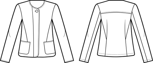 Women's jacket front and back view, patch pockets, round neckline, curved hem, princess seams, yoke detail, fashion sketch, vector
