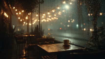 Fototapeta premium Cozy nighttime cafe with warm yellow lights, raindrops on window, empty table with steaming coffee cup, cinematic soft film grain, dreamy peaceful atmosphere