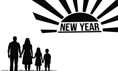Family silhouette under a rising sun with words new year