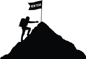 Silhouette of a climber reaching summit with a new year flag , symbolizing achievement and new beginnings