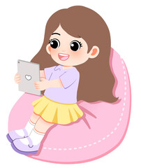 Girl Enjoying Tablet on a Beanbag Digital Entertainment and Relaxation in Cartoon Style