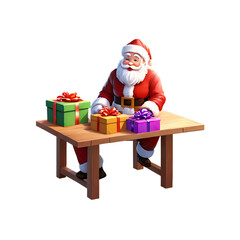 Santa claus sitting at a wooden table with christmas presents isolated on transparent background isolated on white background