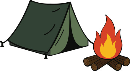 Green camping tent and campfire illustration outdoors