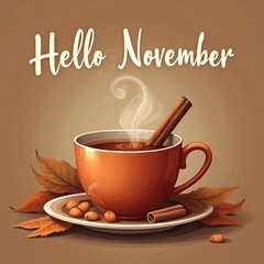 Hello November greeting with steaming cup of tea, cinnamon sticks, cookies, and autumn leaves on warm brown background. Cozy seasonal illustration perfect for cards, packaging, blogs, and social media