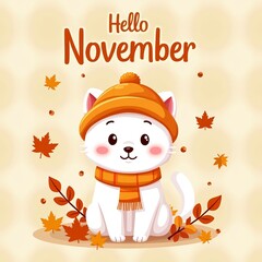 Hello November greeting with white cartoon cat in orange hat and scarf, surrounded by autumn leaves. Warm beige background. Cozy seasonal illustration for cards, packaging, blogs, and social media.