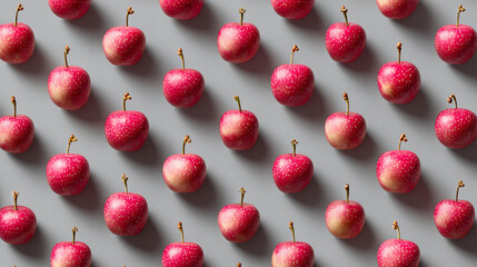 A symmetrical pattern of vibrant red apples arranged on a gray surface