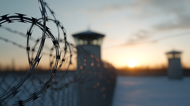 The razor wire fences in sharp focus, with blurry guard towers, bathed in the warm hues of the setting sun. The atmosphere is tense, contrasting freedom and restriction.
