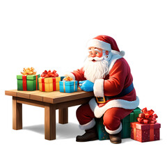 Santa claus preparing gifts on a wooden table isolated on transparent background isolated on white background