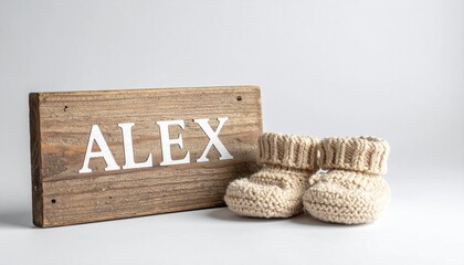 Wooden board with name Alex engraved and knitted baby shoes. Neutral photo for baby name announcement