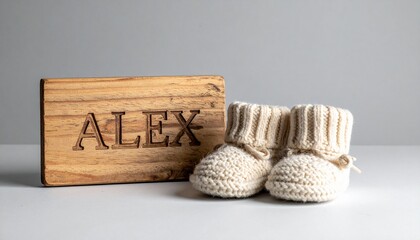 Wooden board with name Alex engraved and knitted baby shoes. Neutral photo for baby name announcement