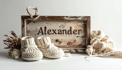 Wooden board with name Alexander engraved and knitted baby shoes. Neutral photo for baby name announcement