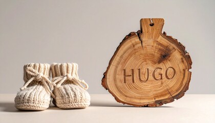 Wooden board with name Hugo engraved and knitted baby shoes. Neutral photo for baby name announcement