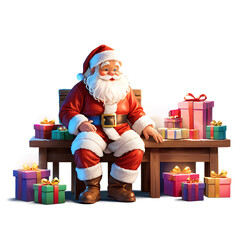 Santa claus sitting with christmas presents on a dark background isolated on white background isolated on transparent background