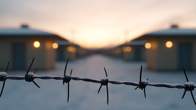 Barbed wire stands guard in a snow-covered landscape, silhouetted against the twilight sky. Rows of buildings fade into the distance, lights glowing softly in the winter air. - Powered by Adobe