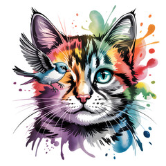 A vibrant watercolor painting of a cat's face with colorful paint splatters surrounding it, isolated on a white background.