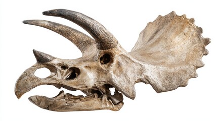 Triceratops Skull. Jurassic Era Fossil of Ancient Dinosaur Skeleton on White Background