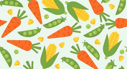 Vibrant Vegetable Pattern - Carrots, Corn, and Peas Illustration.