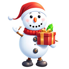 Cute snowman wearing a santa hat and scarf holding a christmas gift isolated on transparent background isolated on white background