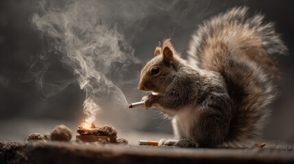 Trying To Start A Fire. Squirrel with Striped Tail Trying to Light Cigarette for Comedy with Smokey Background