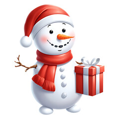 Cute snowman wearing a santa hat and scarf holding a gift isolated on transparent background isolated on white background