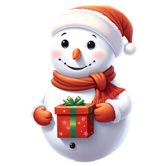 Cute snowman wearing a santa hat and scarf holding a christmas gift isolated on transparent background isolated on white background
