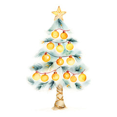 Watercolor christmas tree with lights and ornaments isolated on transparent background isolated on white background