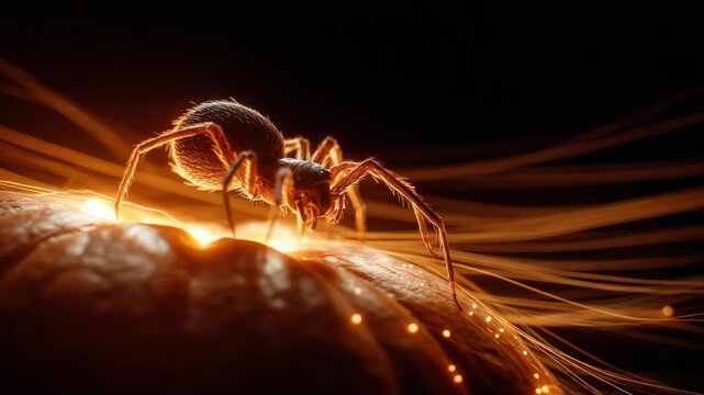 A Captivating Close-Up of a Spider Illuminated by Glowing Pumpkin Pulses Creating a Mesmerizing Visual Display of Nature's Intricacies and Mysteries