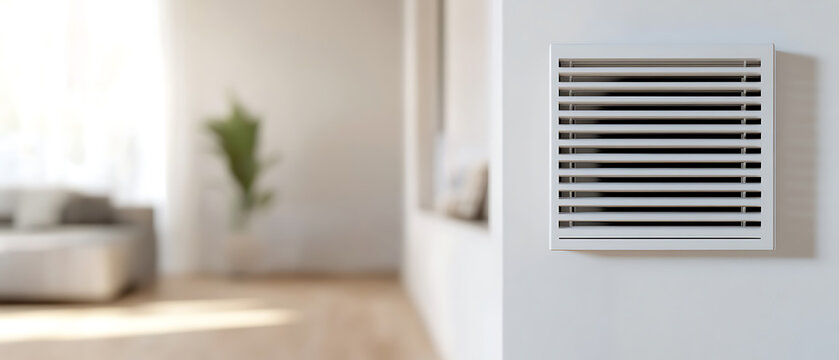 Close-up of a square air vent on a wall with blurred living room background. Modern architecture meets comfortable living. Clean lines, minimalist style, and ventilation.