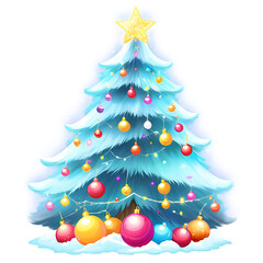 Festive blue christmas tree with ornaments and star isolated on transparent background isolated on white background