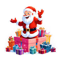 Happy santa claus sitting in a pile of colorful christmas presents isolated on black background isolated on white background isolated on transparent background