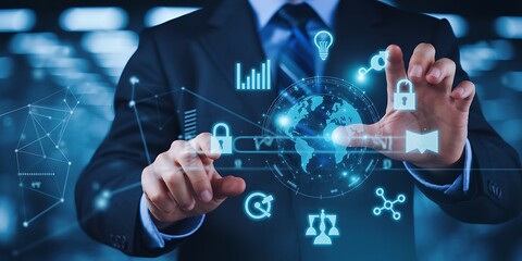Businessman interacting with futuristic digital business interface and data visualization concepts