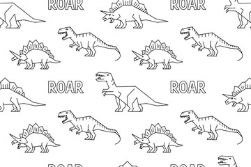 Fototapeta premium Seamless Black and White Line Art Dinosaur and 'ROAR' Text Pattern