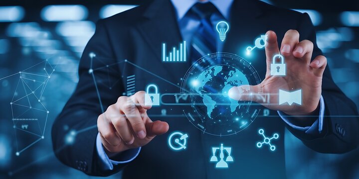 Businessman interacting with futuristic digital business interface and data visualization concepts