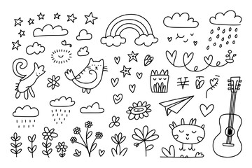A whimsical collection of 42 hand-drawn doodle elements, featuring stars, clouds, plants, animals, and objects in simple black outline on a white background.